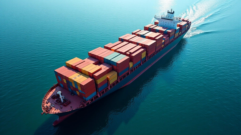 Containerschiff mit hunderten von bunten Containern, die präzise gestapelt sind, fotografiert von oben bei klarem Wetter