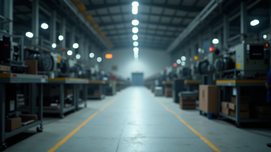 Leere Fabrikhalle mit Produktionslinien, die stillstehen, dramatische Beleuchtung, symbolisiert Produktionsstillstand