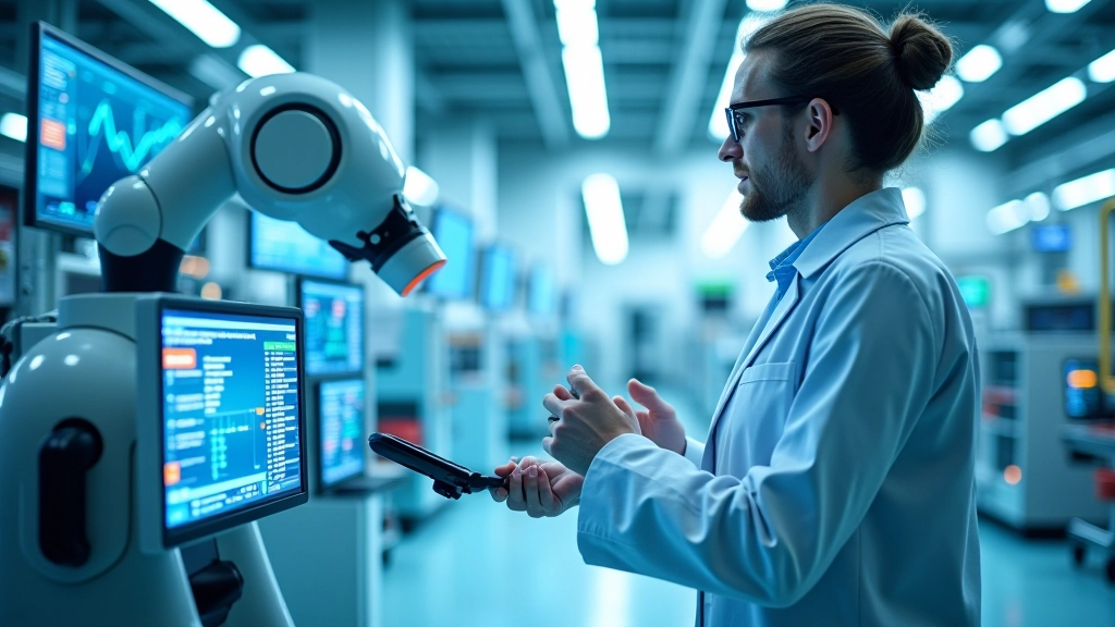 Futuristische Autofabrik mit Robotern, KI-gesteuerte Systeme und digitale Überwachung