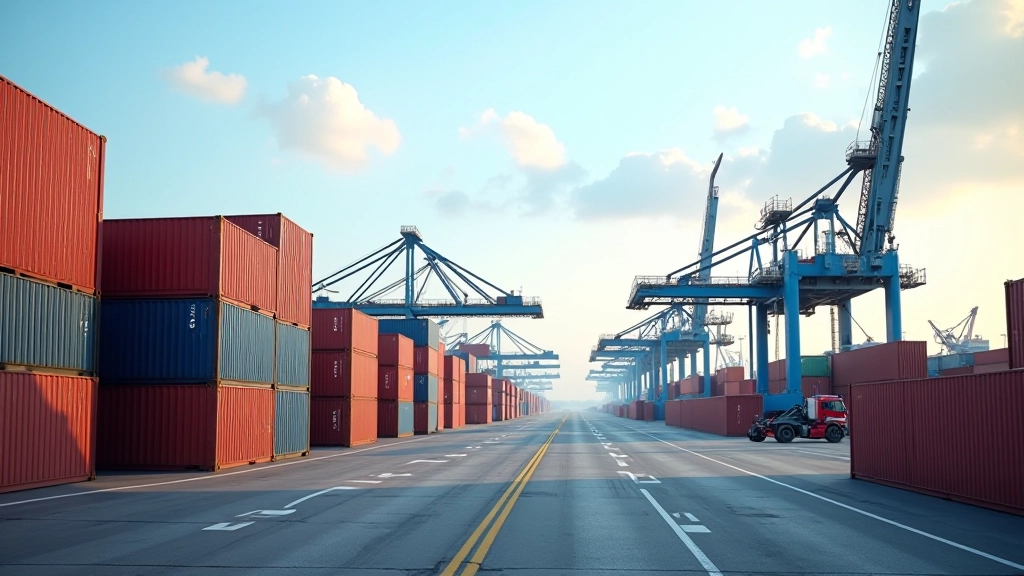 Industriehafen mit Frachtcontainern und Kränen, moderne Hafenanlage