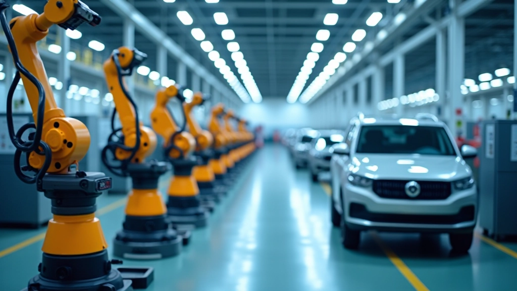 Moderne Autofabrik mit Robotern in Produktionslinie