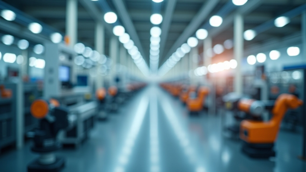 Moderne Autofabrik mit Robotern und Montagelinien in industrieller Werkshalle