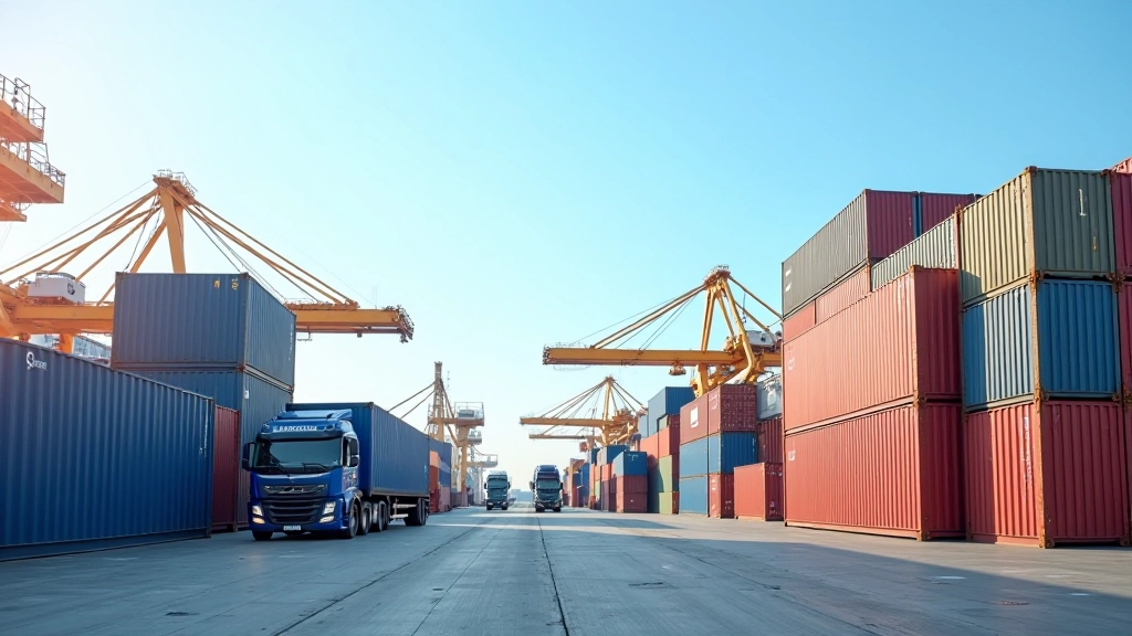 Containerhafen mit modernen Kranfahrzeugen und gestapelten Containern, Lkw und Schiffe