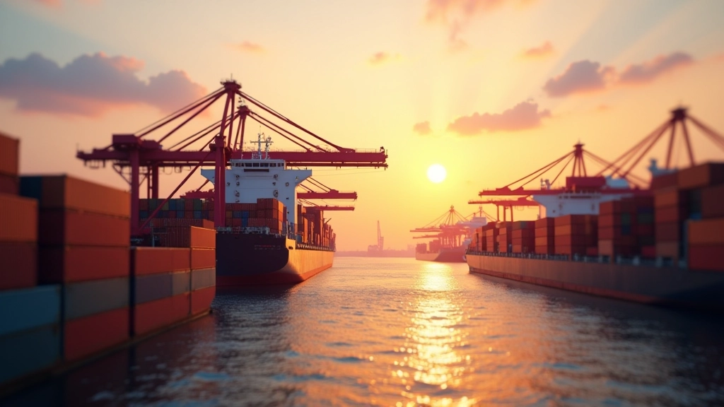 Containerhafen mit großen Frachtschiffe und Containerbrücken bei Sonnenuntergang
