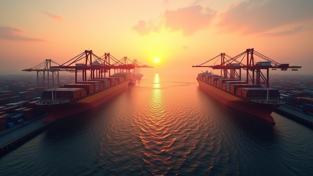 Moderner Hafen mit Containerschiffen und Hafenkränen bei Sonnenaufgang, internationale Handelsschiffe