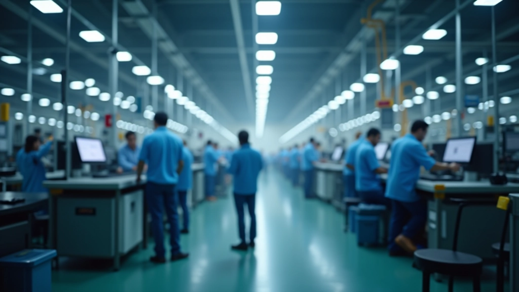 Moderne Produktionshalle mit Fließband und Arbeitern in Fabrikkleidung, hochmoderne Fertigungstechnik