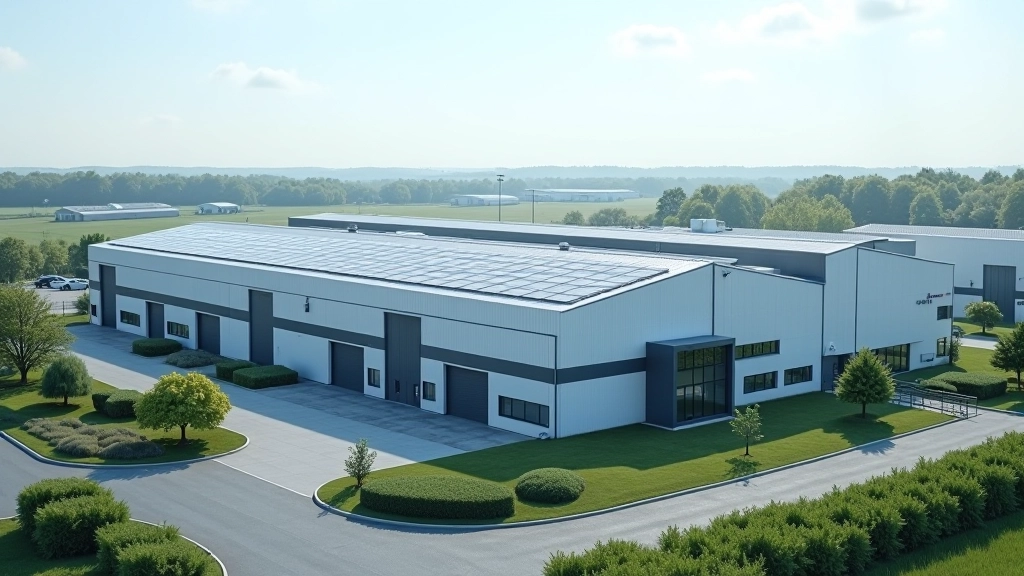 Moderne Fabrik mit grünen Energiepanelen auf dem Dach und effizienten Produktionsprozessen