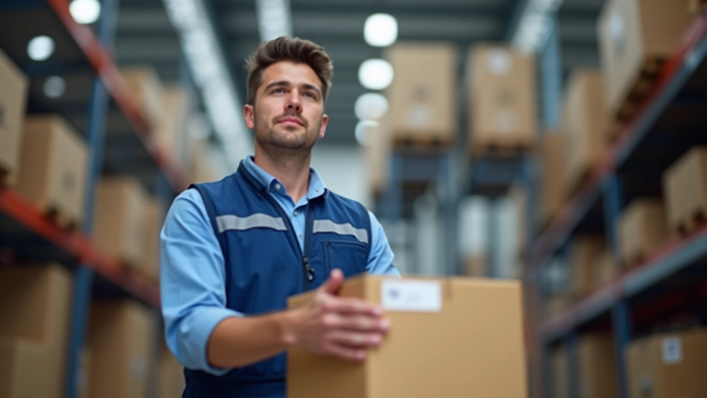 Arbeiter in moderner Lagerverwaltungsanlage, die Pakete für den internationalen Versand vorbereiten